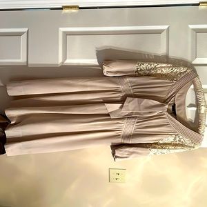 Silk Tan Dress dress with lace sleeves, elastic waist, over the knee